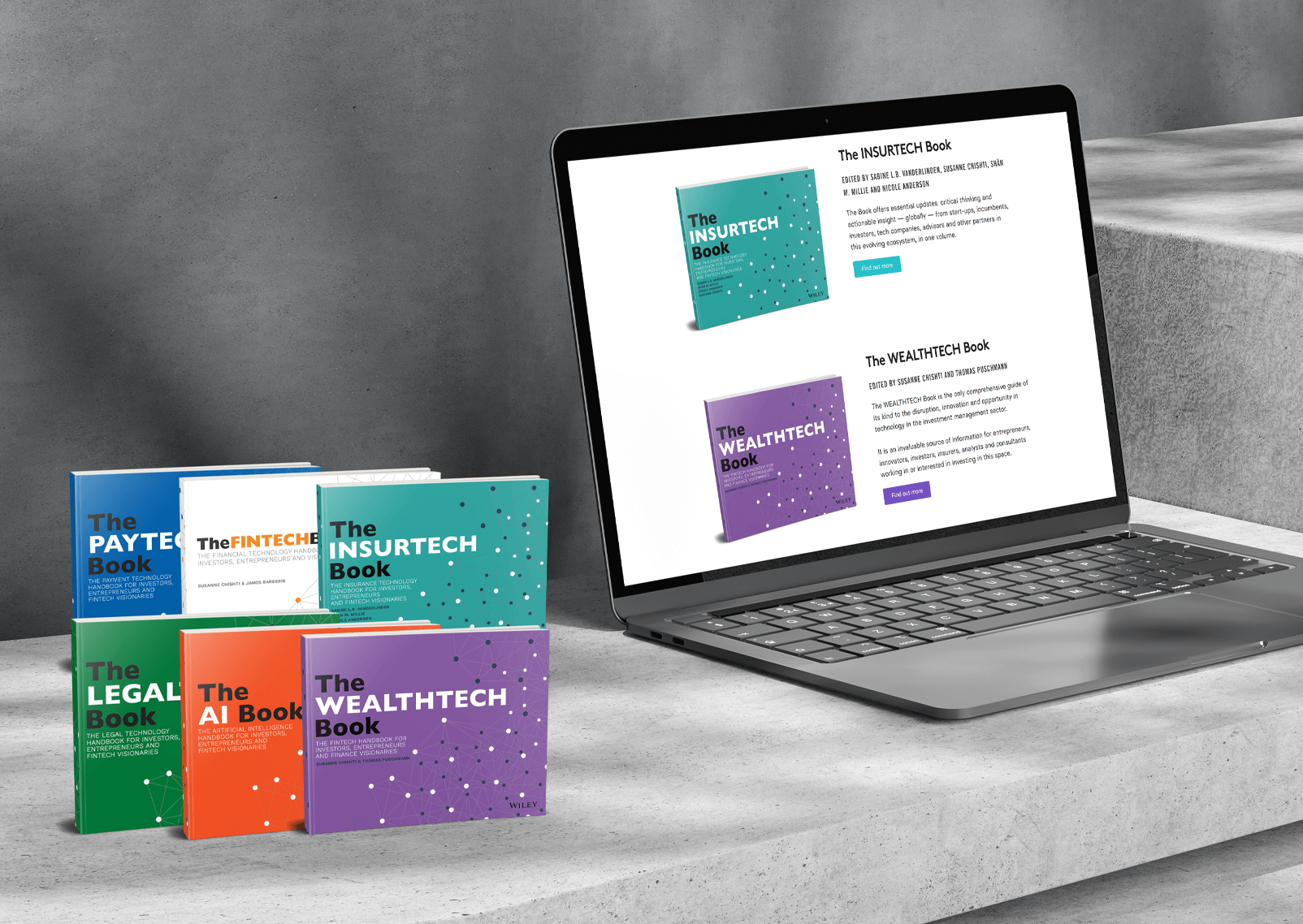 Laptop showing a website with book covers, physical books on a table, The Insurtech Book, The Wealthtech Book, The Paytech Book, The Legal Book, The AI Book, Fintech Books, Technology Books, Online Learning, Ebooks, Digital Products