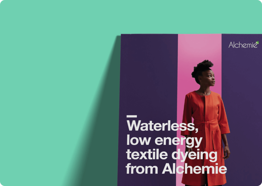 Text on a black background: Alchemie, Waterless, low energy, textile dyeing, from Alchemie.