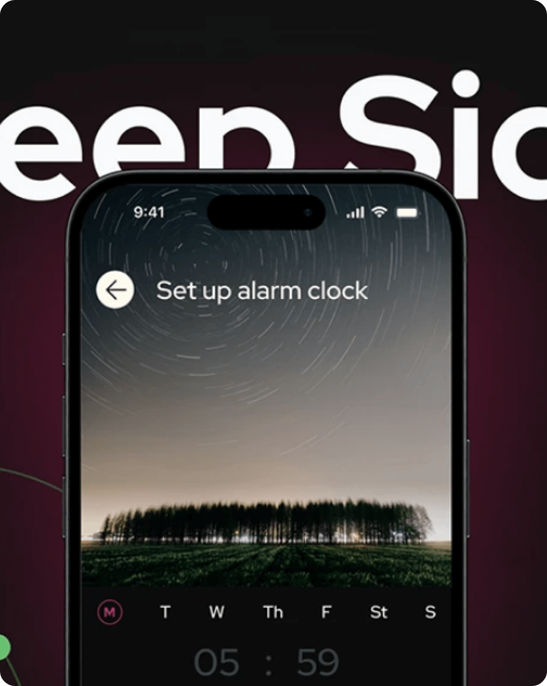 A smartphone screen displaying an alarm clock app, with the time set to 5:59 AM. The background image is a dark, starry night sky.