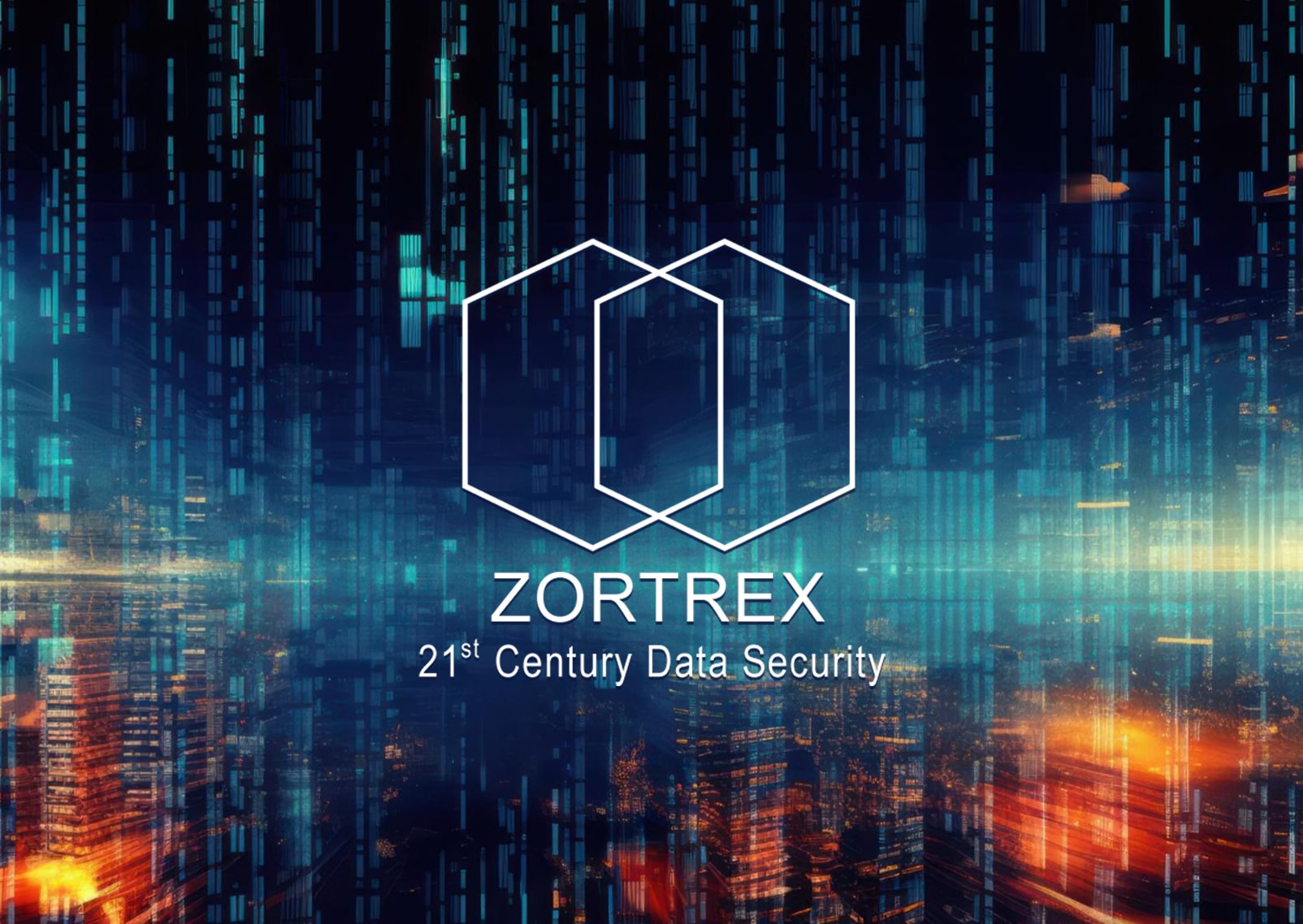 A visually dynamic image showcasing the ZORTREX logo with the tagline "21st Century Data Security." The backdrop features a futuristic digital cityscape, illuminated with cascading vertical data streams in shades of blue and teal. Glowing city lights in orange and yellow add warmth and contrast to the sleek technological theme. The design embodies innovation, security, and a forward-thinking approach, perfectly aligning with ZORTREX's commitment to modern data protection solutions.