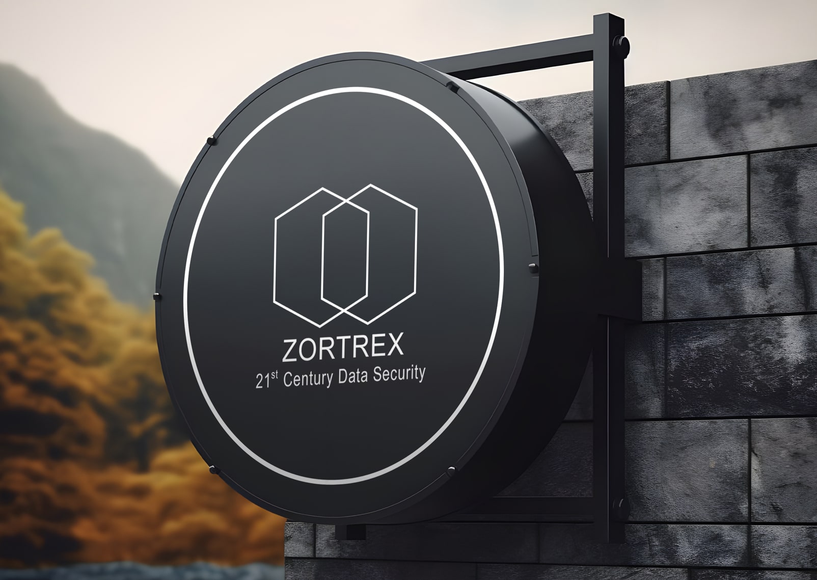 A sleek, circular black signboard mounted on a textured stone wall, prominently featuring the ZORTREX logo and tagline "21st Century Data Security." The design conveys modernity and sophistication, with clean white lines and a minimalist aesthetic. The background includes soft, blurred foliage, highlighting the contrast between technology and nature. The sign exudes professionalism and trustworthiness, emphasizing ZORTREX's expertise in data security solutions.