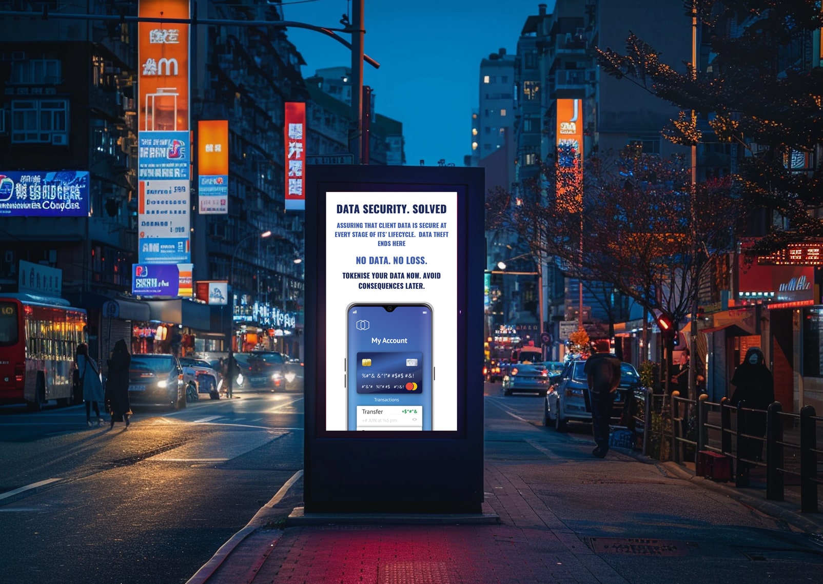 A nighttime urban setting with a prominent digital billboard displaying an advertisement for "ZORTREX - Data Security." The ad emphasizes data protection with the headline "DATA SECURITY. SOLVED" and features a smartphone screen showcasing a secure account interface. The bustling city street is illuminated with lights from shops, vehicles, and billboards, creating a vibrant and modern backdrop. The focus is on the secure and professional appeal of ZORTREX's services.
