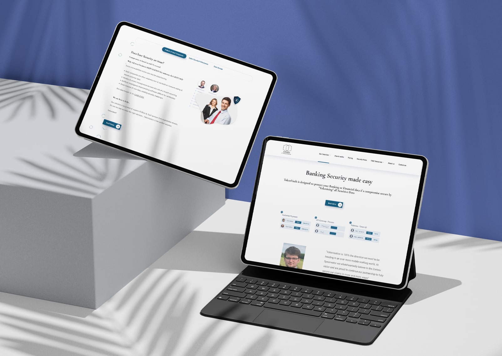 Two tablets displayed in a minimalistic and professional setting, showcasing the responsive web design for "ZORTREX - Data Security." One tablet highlights the "Does Data Security an Issue?" section featuring text, circular images of professionals, and a "Book Demo" button. The other tablet focuses on "Banking Security Made Easy" with secure transaction details and a testimonial at the bottom. Clean and modern aesthetics with shadows adding depth to the presentation.