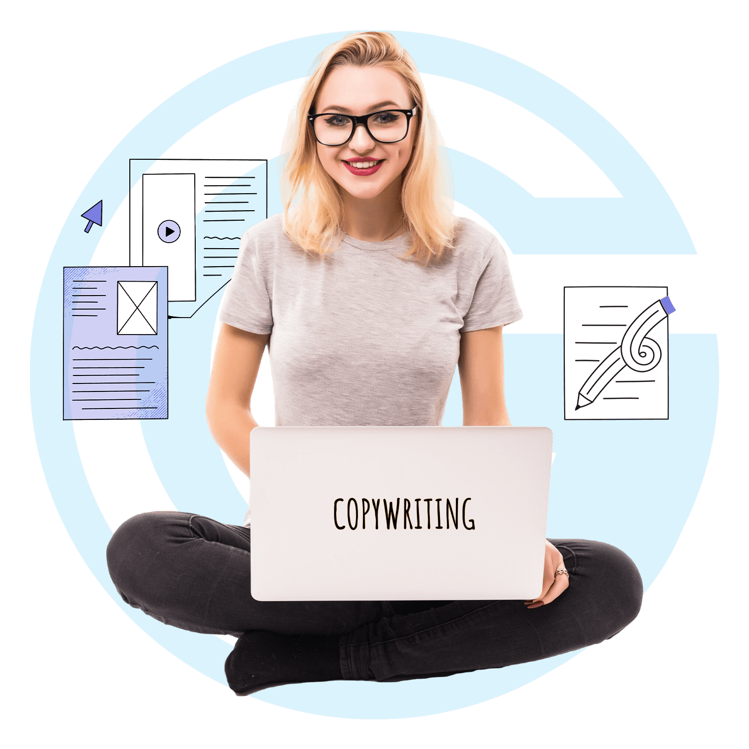 Young woman with a laptop labeled 'Copywriting' surrounded by icons of writing tools and content creation