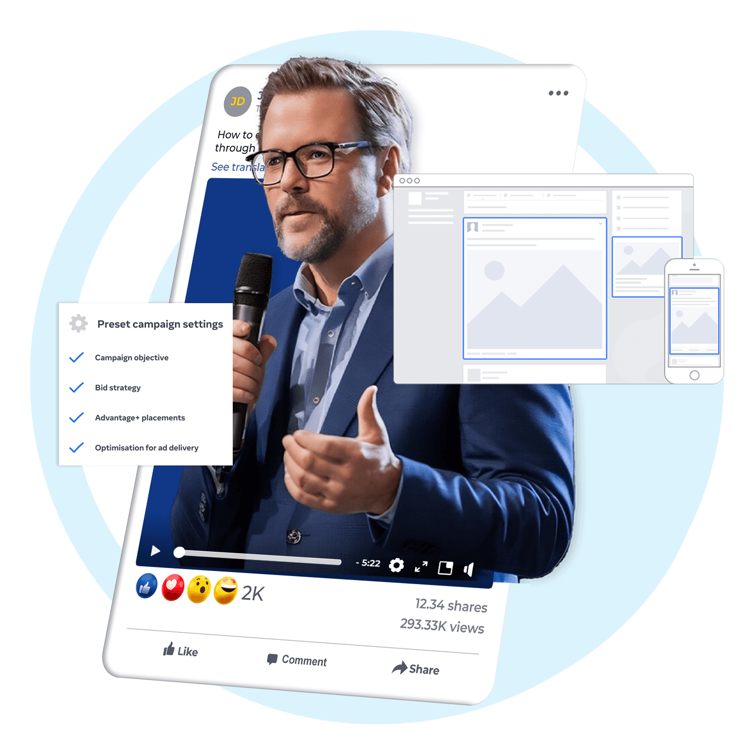 A professional presenting in a Facebook video post with campaign analytics. The overlay includes preset campaign settings like campaign objectives, bid strategy, Advantage+ placements, and ad delivery optimization. Mockups of Facebook posts across desktop and mobile are displayed alongside.