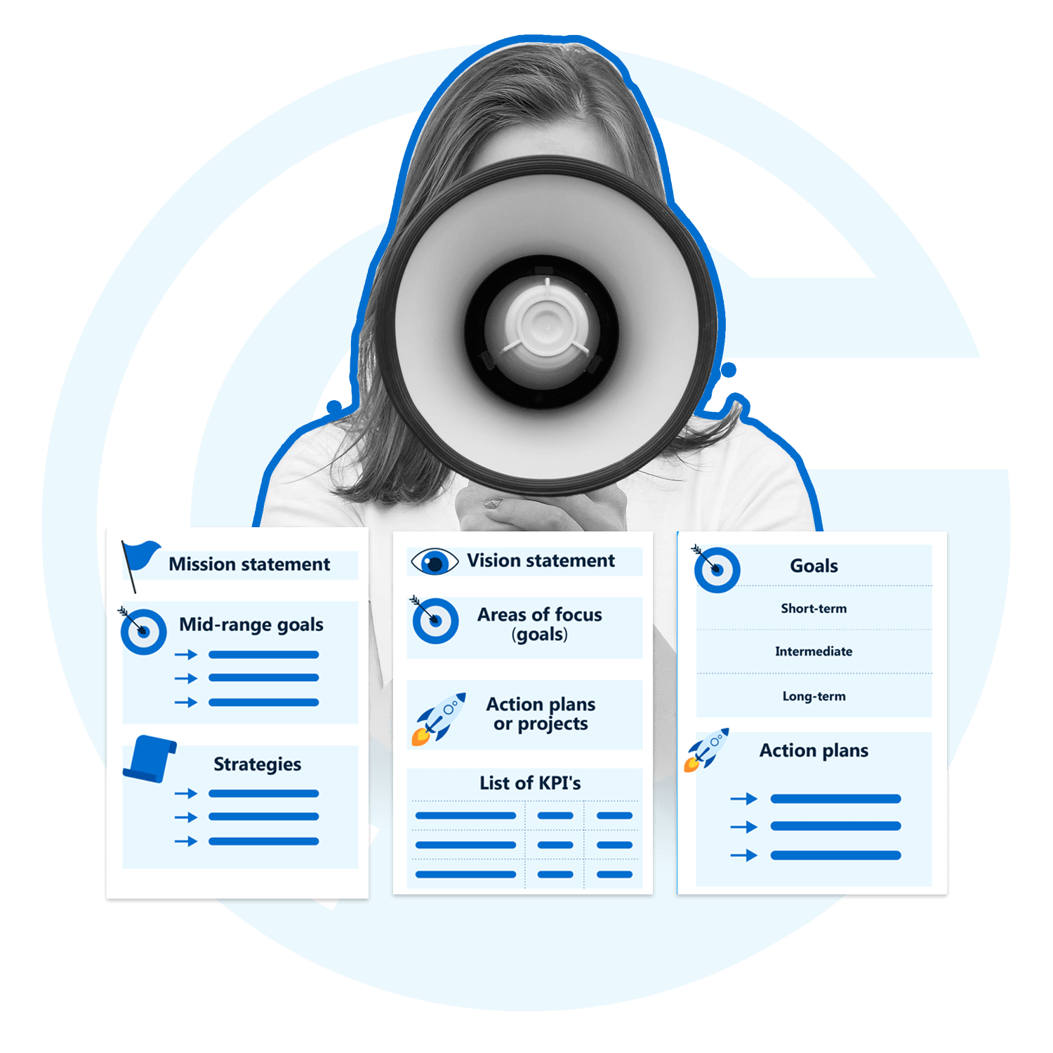 Black-and-white image of a woman holding a megaphone, surrounded by structured diagrams displaying a mission statement, vision statement, goals, strategies, areas of focus, action plans, and KPIs, with a blue circular background.