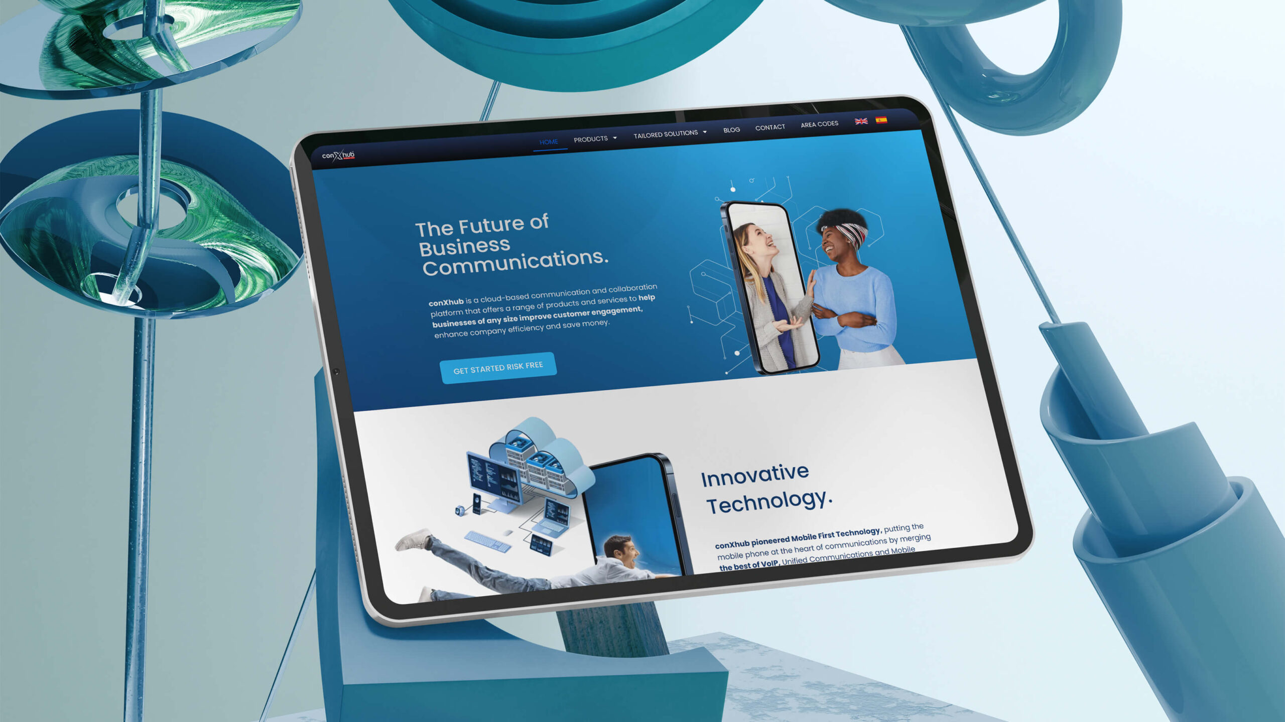 A tablet showcasing a website with the headline "The Future of Business Communications" and images of people using technology, surrounded by abstract 3D shapes.