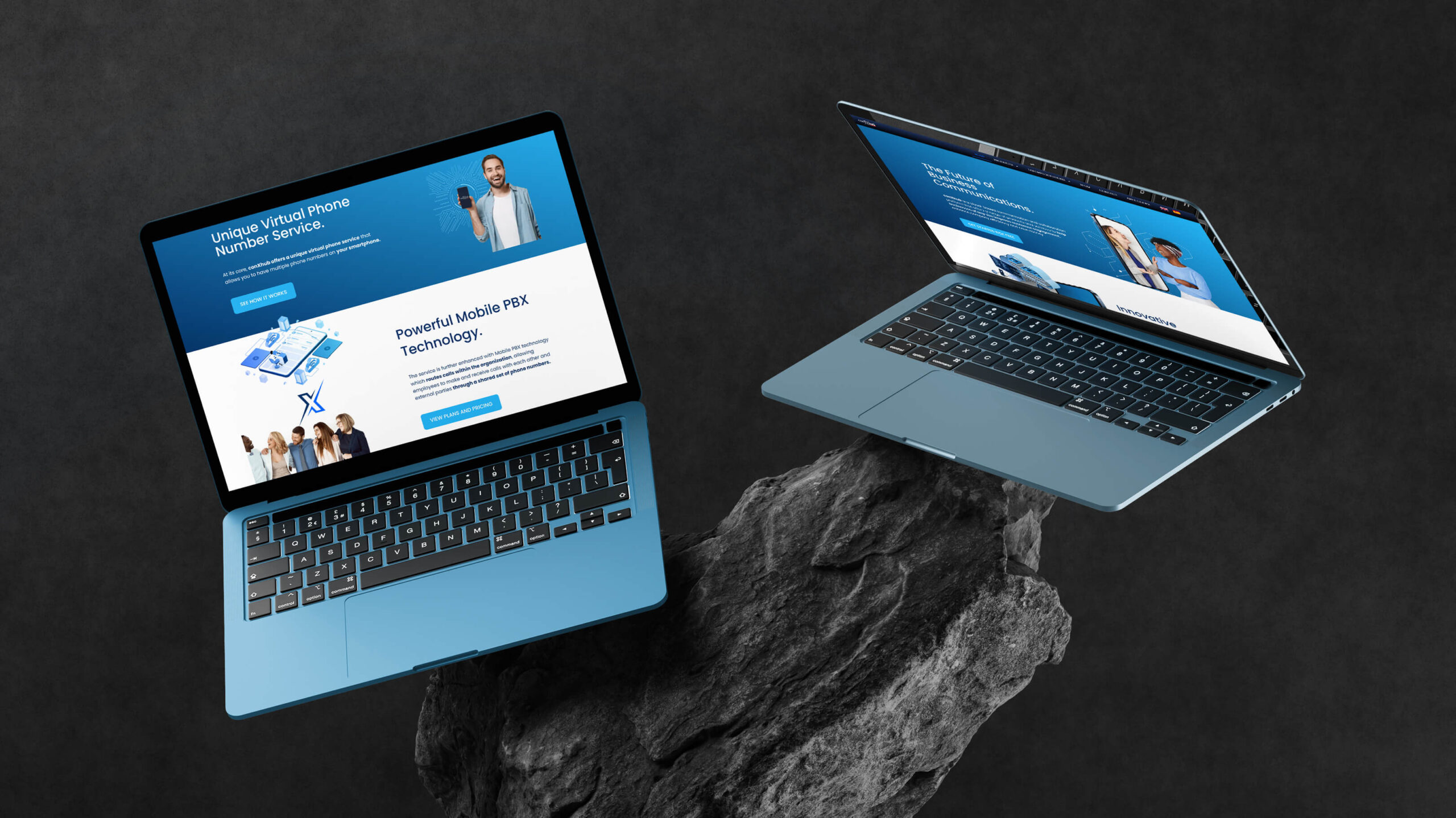 Two laptops floating above a rock, displaying a website for a virtual phone number service and mobile PBX technology.