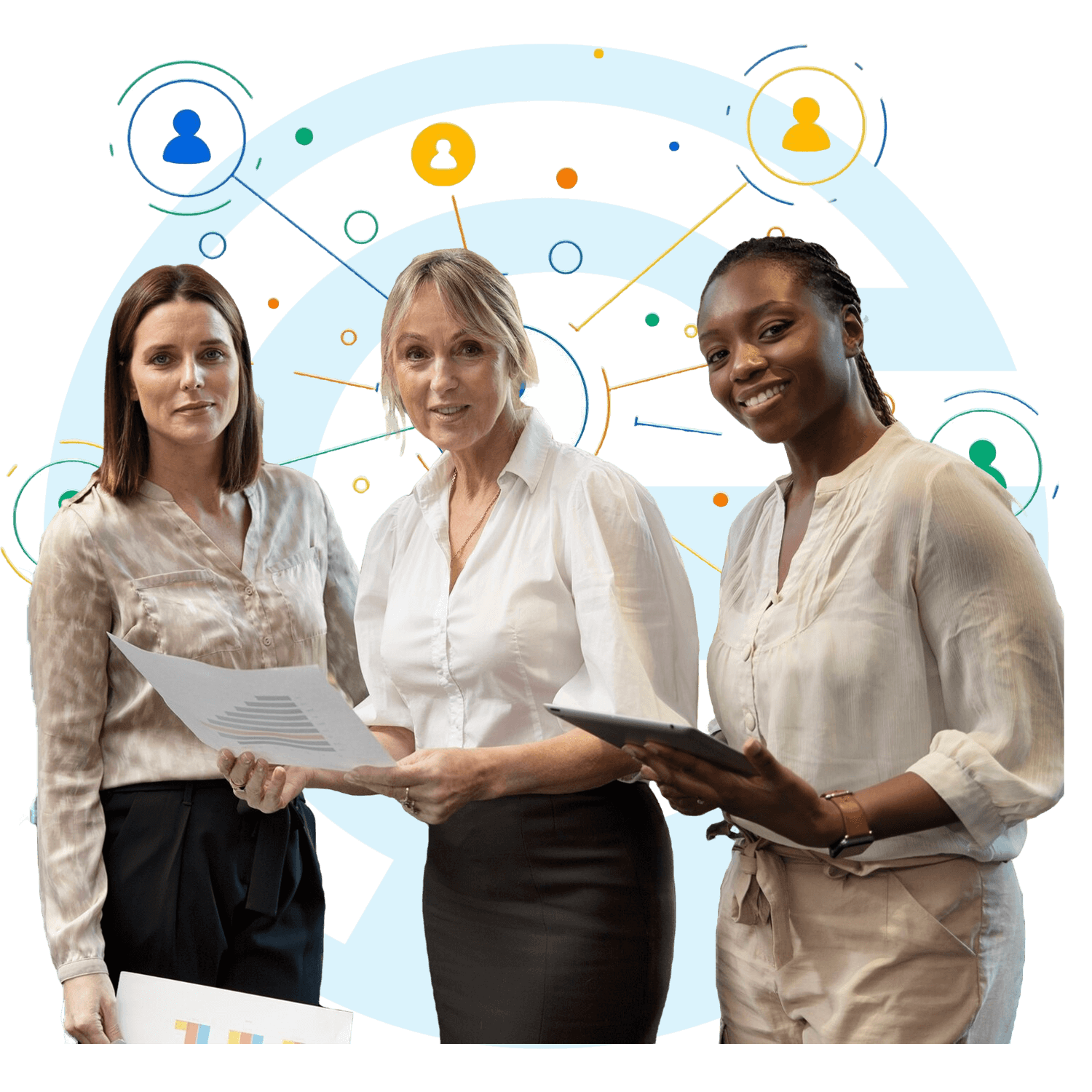 Three professional women collaborating with a background of connected icons symbolizing teamwork and networking
