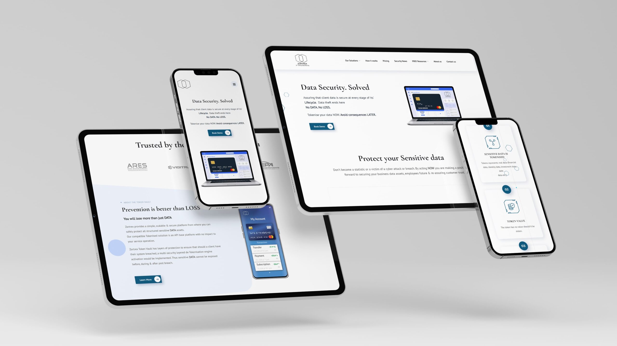 A sleek, responsive website design mockup for "ZORTREX - Data Security" displayed on various devices, including a tablet, laptop, and mobile phones. The layout showcases modern typography, minimalistic icons, and user-friendly navigation. Key features such as "Book Demo," "Data Security Solutions," and "Protect Your Sensitive Data" are prominently displayed to emphasize the brand's secure and scalable platform.