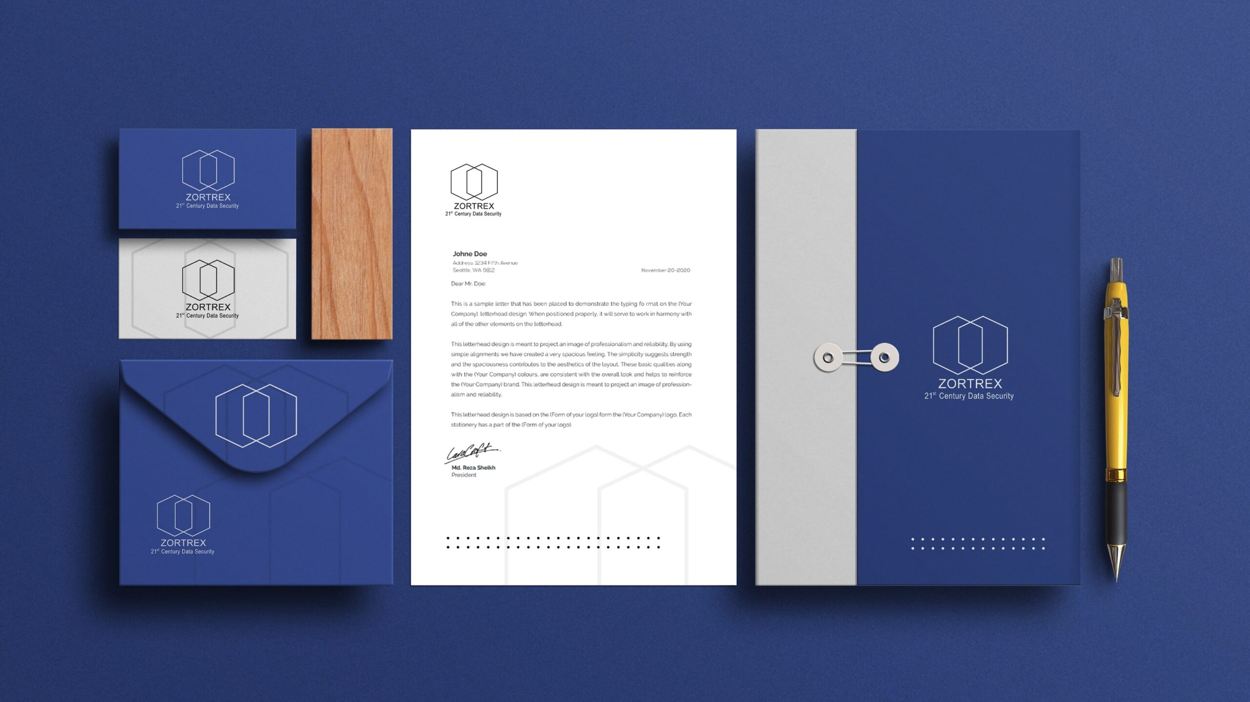 A premium corporate stationery mockup for "ZORTREX - 21st Century Data Security." The set includes branded business cards, envelopes, a letterhead, a folder, and a pen, all designed in a cohesive dark blue and white color scheme with minimalist geometric logos. The layout conveys professionalism and modernity.
