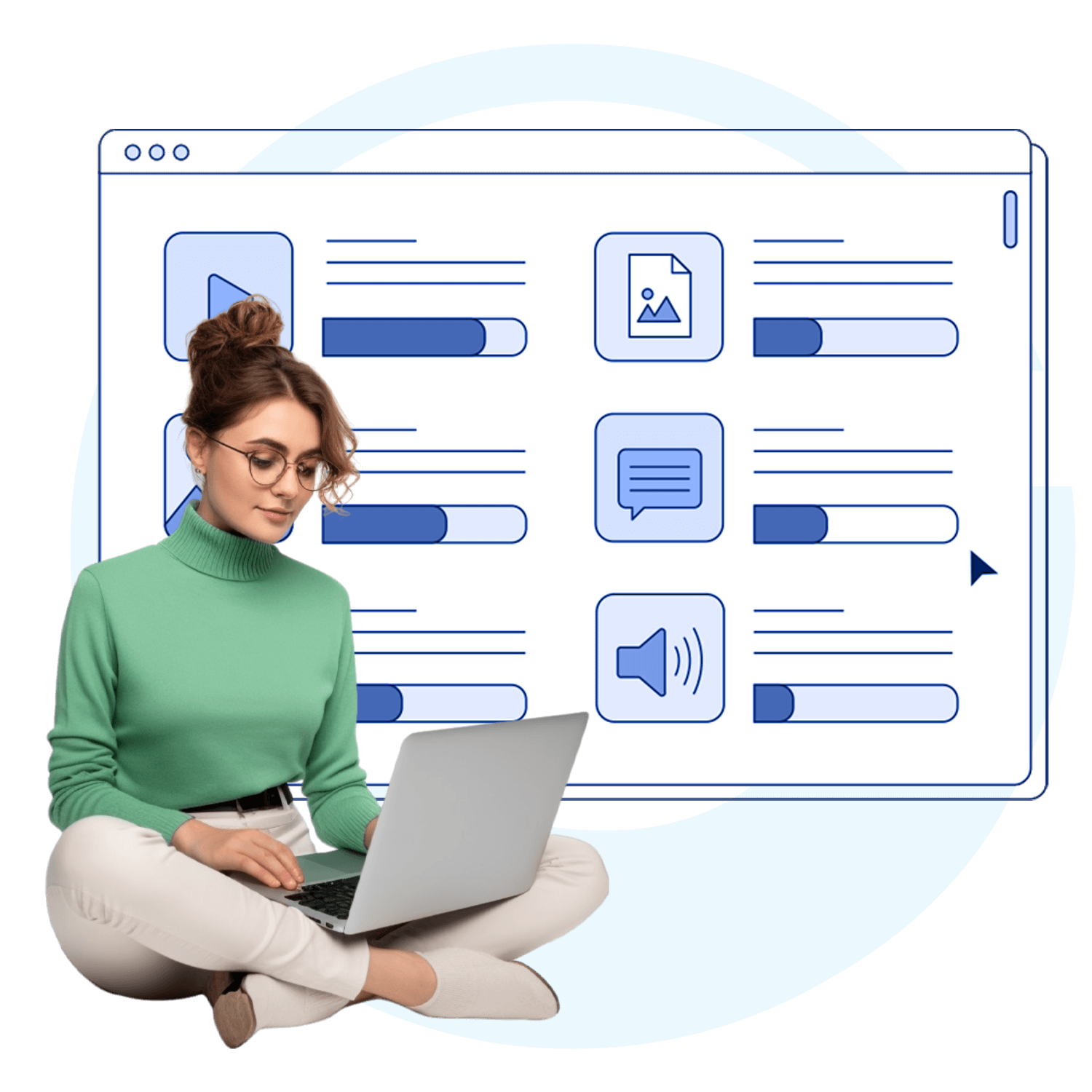 A focused woman sitting cross-legged with a laptop, in front of an interface featuring progress bars and icons for images, text, and audio, representing multimedia content management.
