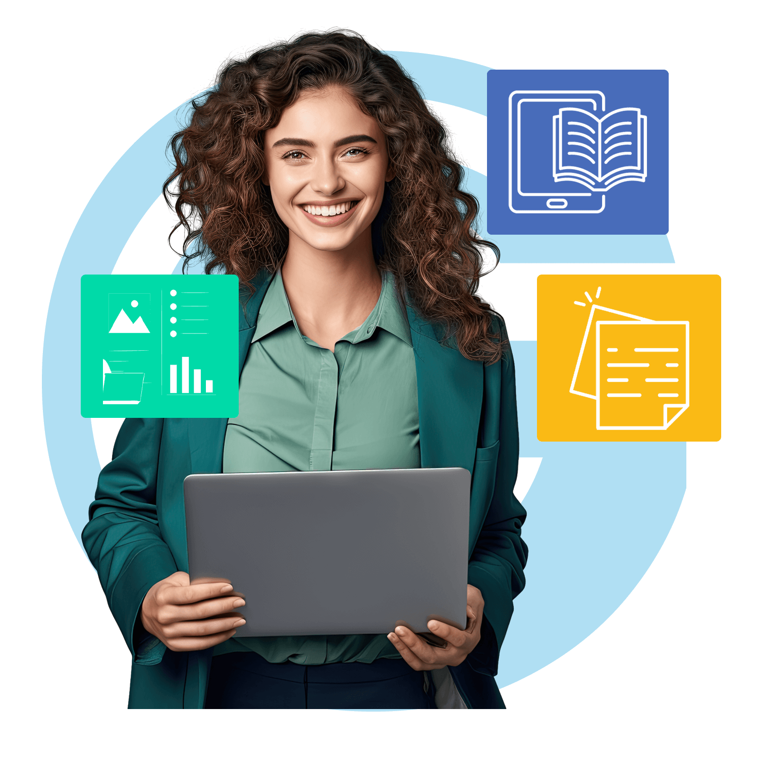 Smiling woman holding a laptop, surrounded by icons representing data visualization, digital books, and document writing, symbolizing content creation and e-learning.