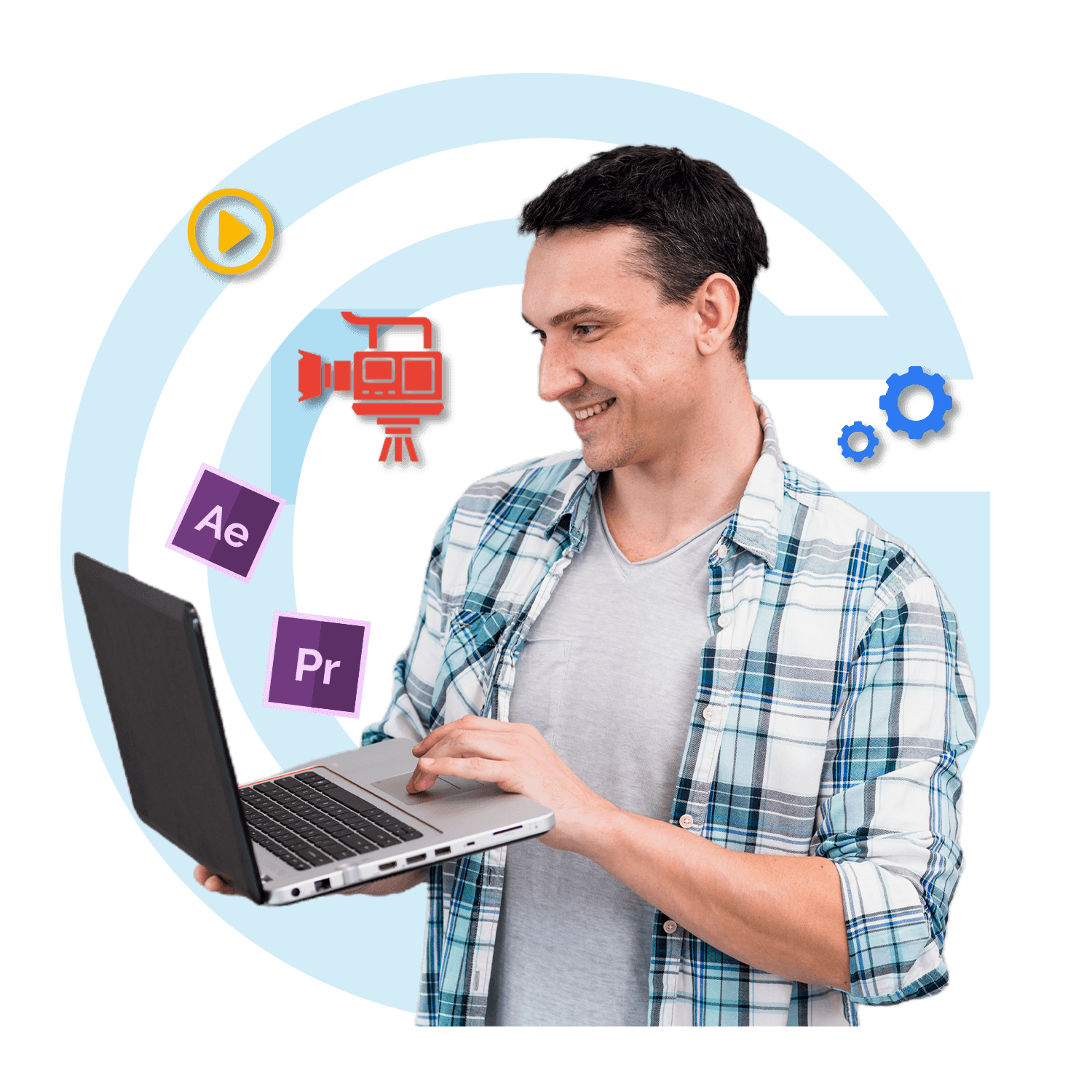 Man working on a laptop surrounded by video editing icons, including Adobe After Effects, Premiere Pro, a video camera icon, and a play button, symbolizing video production and editing tools.