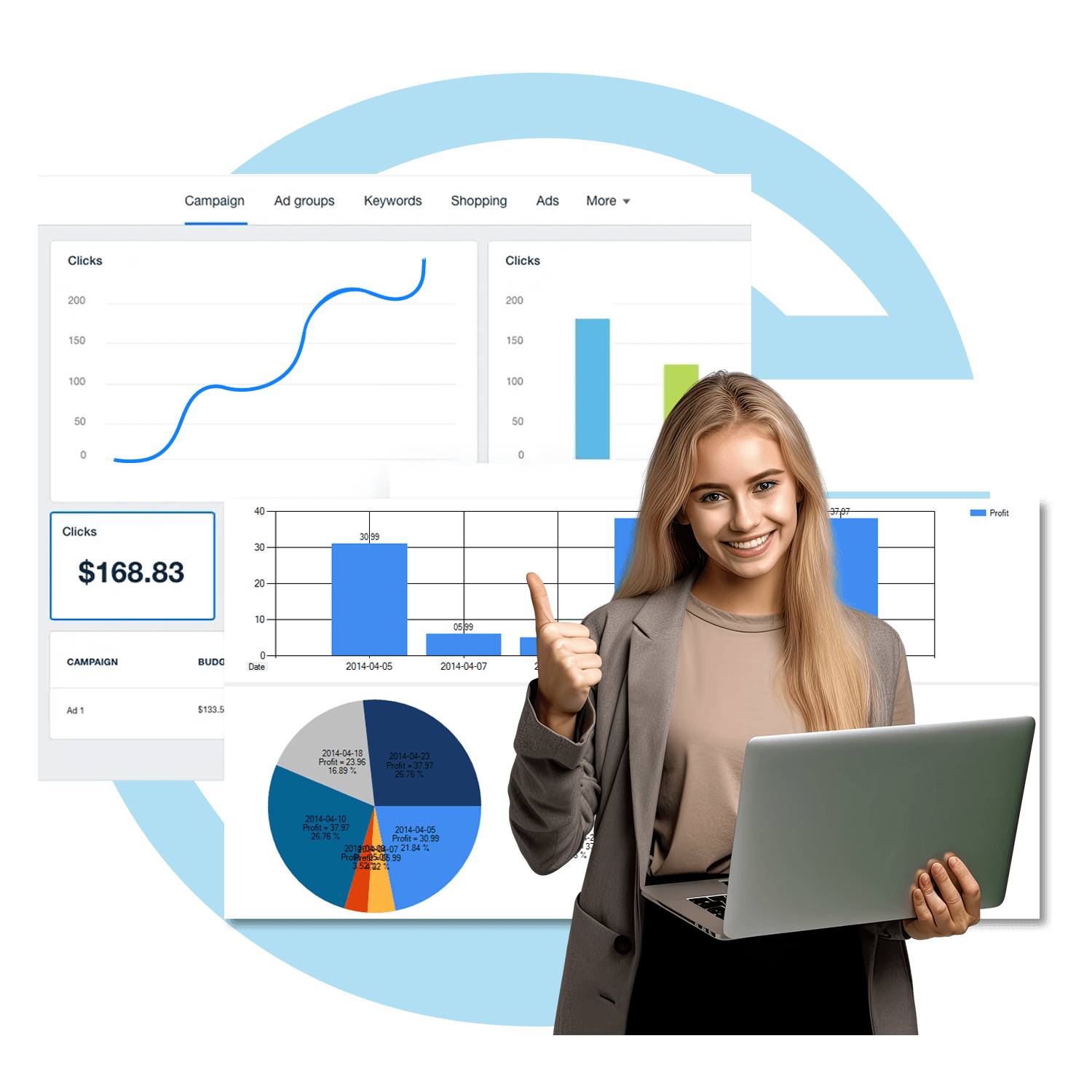 Woman holding a laptop and giving a thumbs up, with graphs and analytics data in the background, representing digital marketing campaign success.