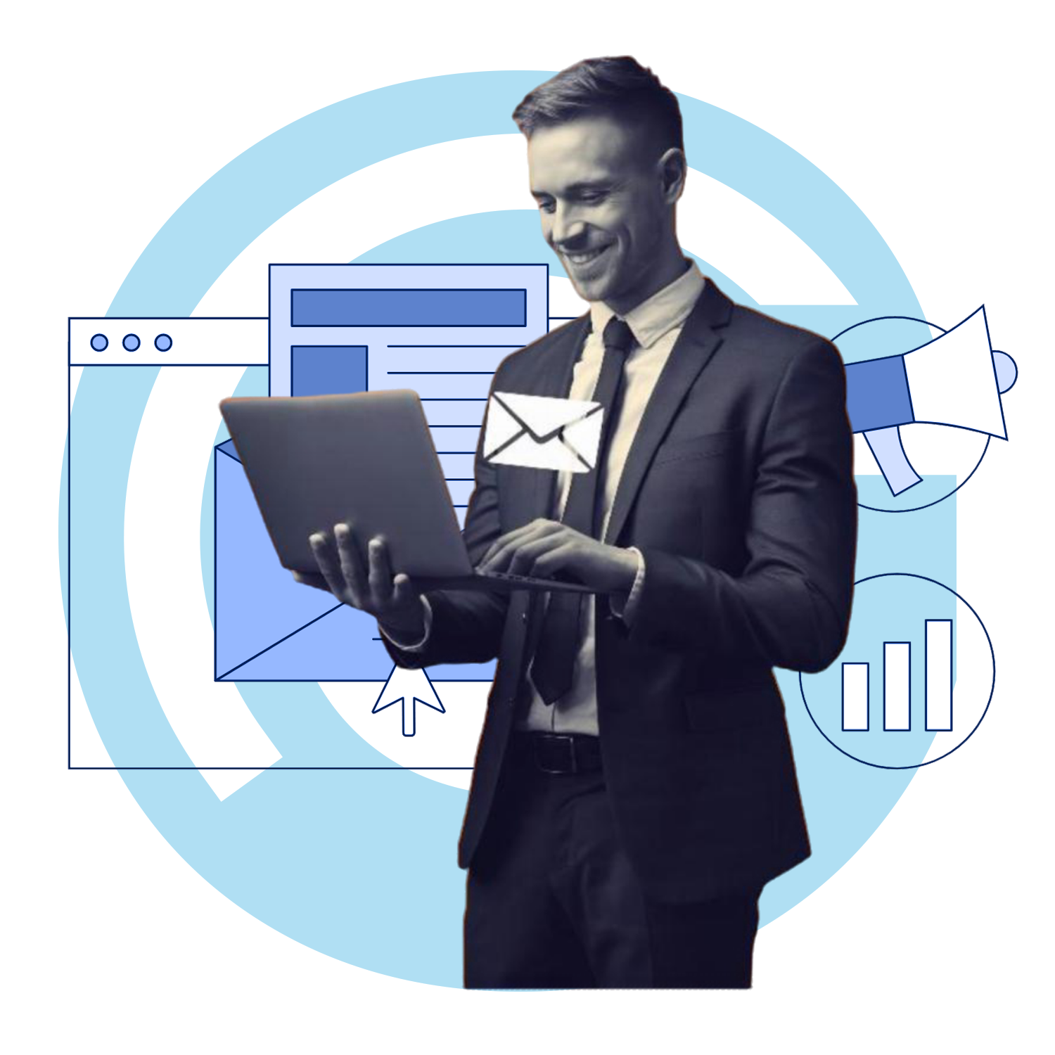 Business professional using a laptop with email and digital marketing icons in the background