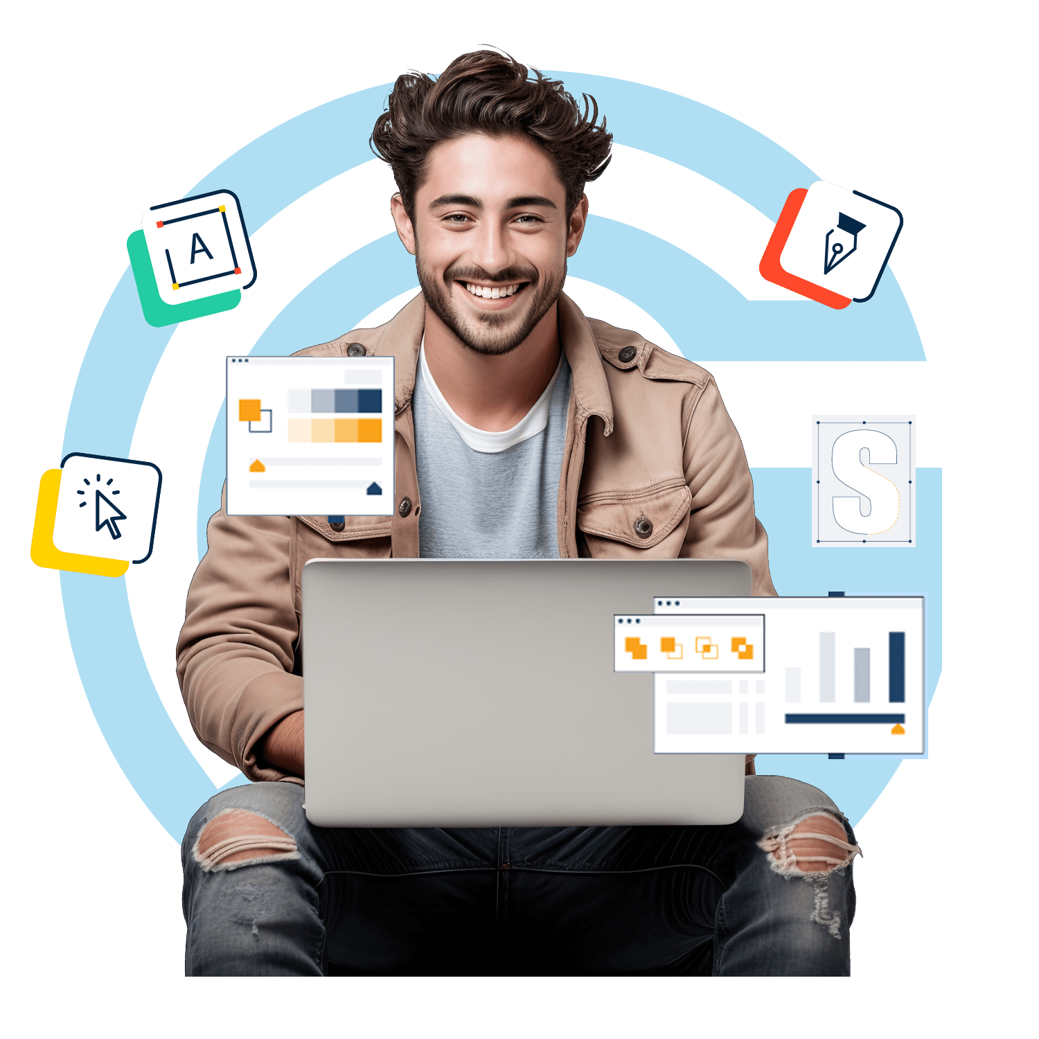 Smiling young man working on a laptop surrounded by graphic design elements like text tools, color palettes, pen icons, and charts, symbolizing creativity and digital design.