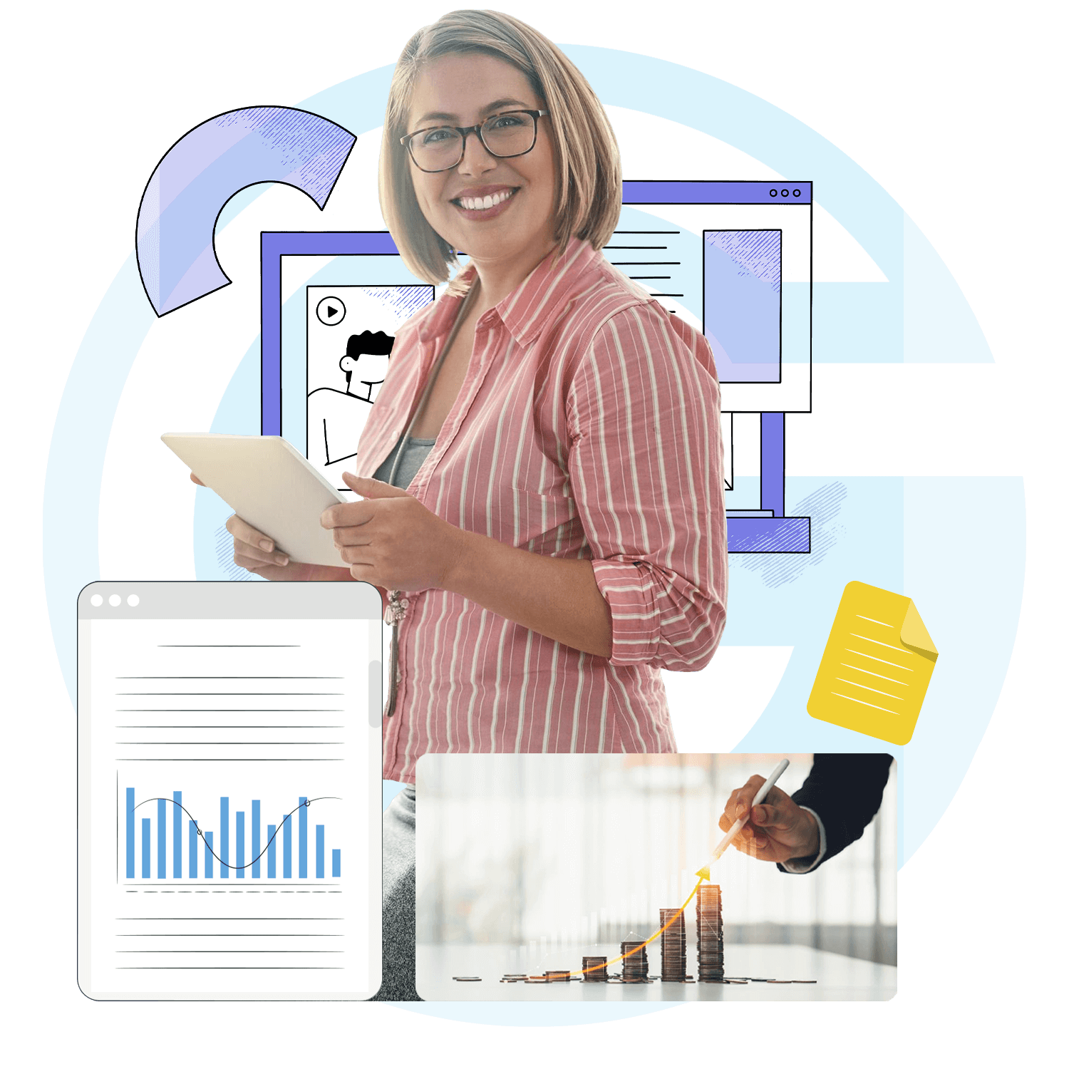 Smiling woman holding a tablet with graphs, financial growth images, and online content tools in the background, symbolizing data analysis and planning