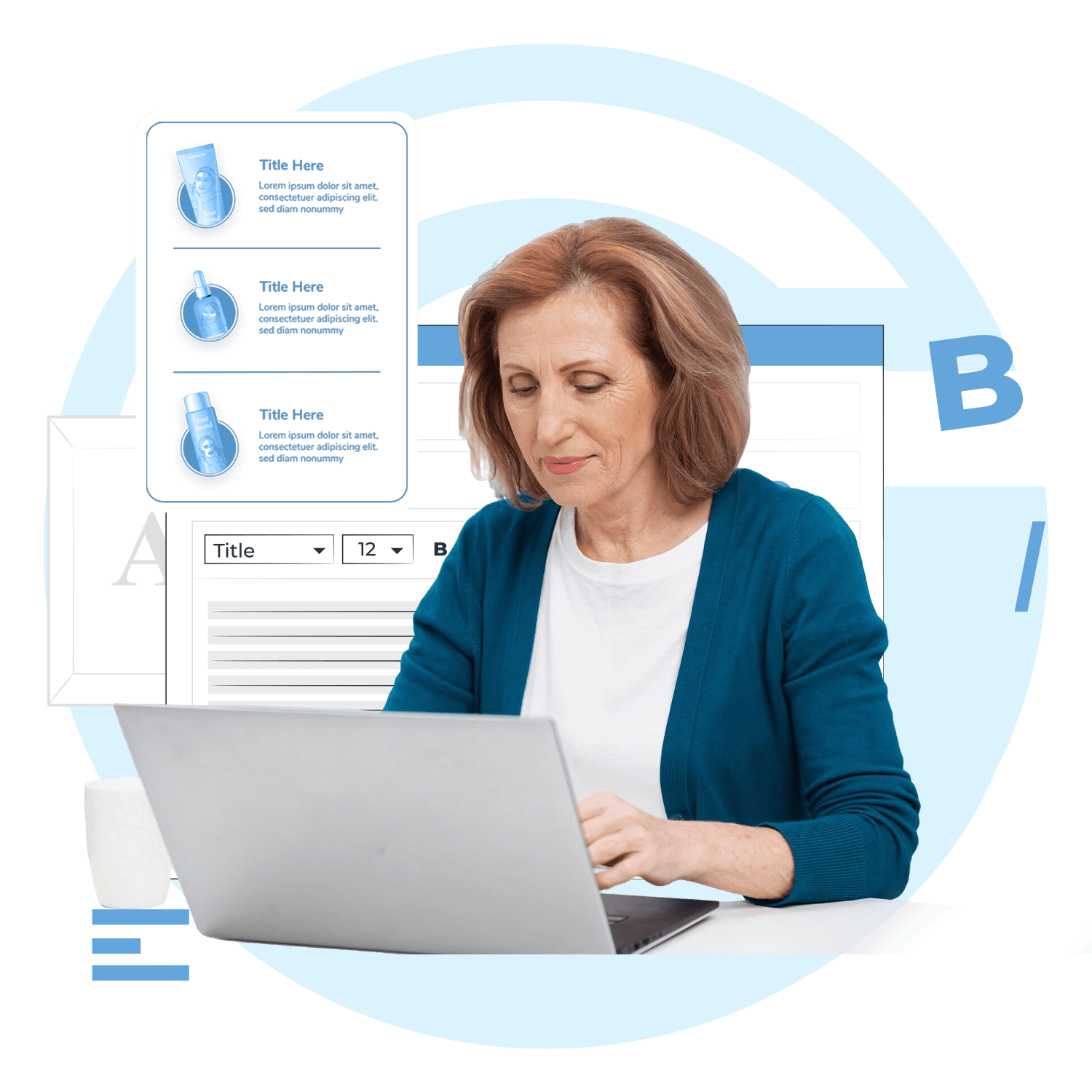 Woman working on a laptop with product cards and text formatting tools displayed in the background, symbolizing content creation