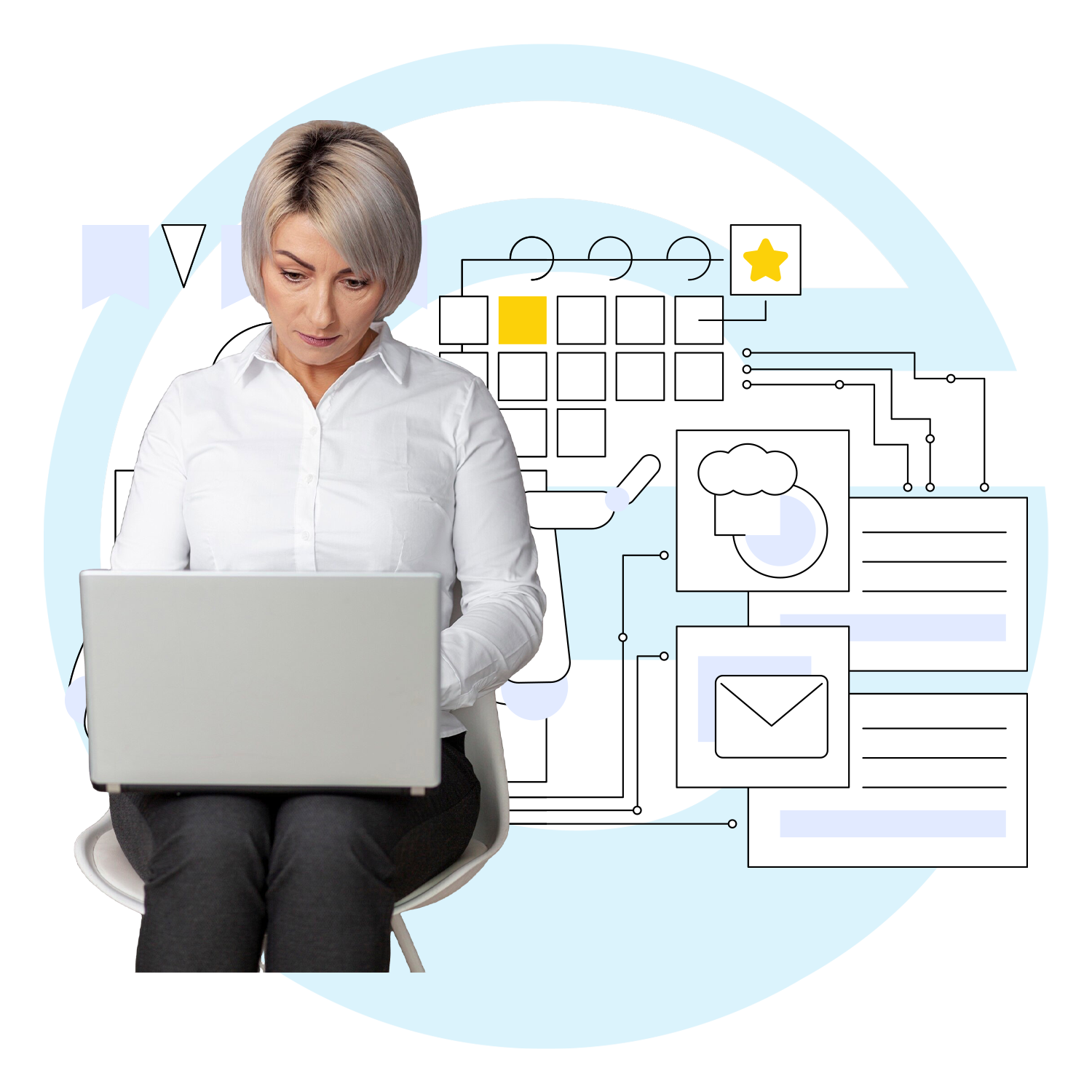 Focused professional working on a laptop with abstract icons representing productivity and task management in the background