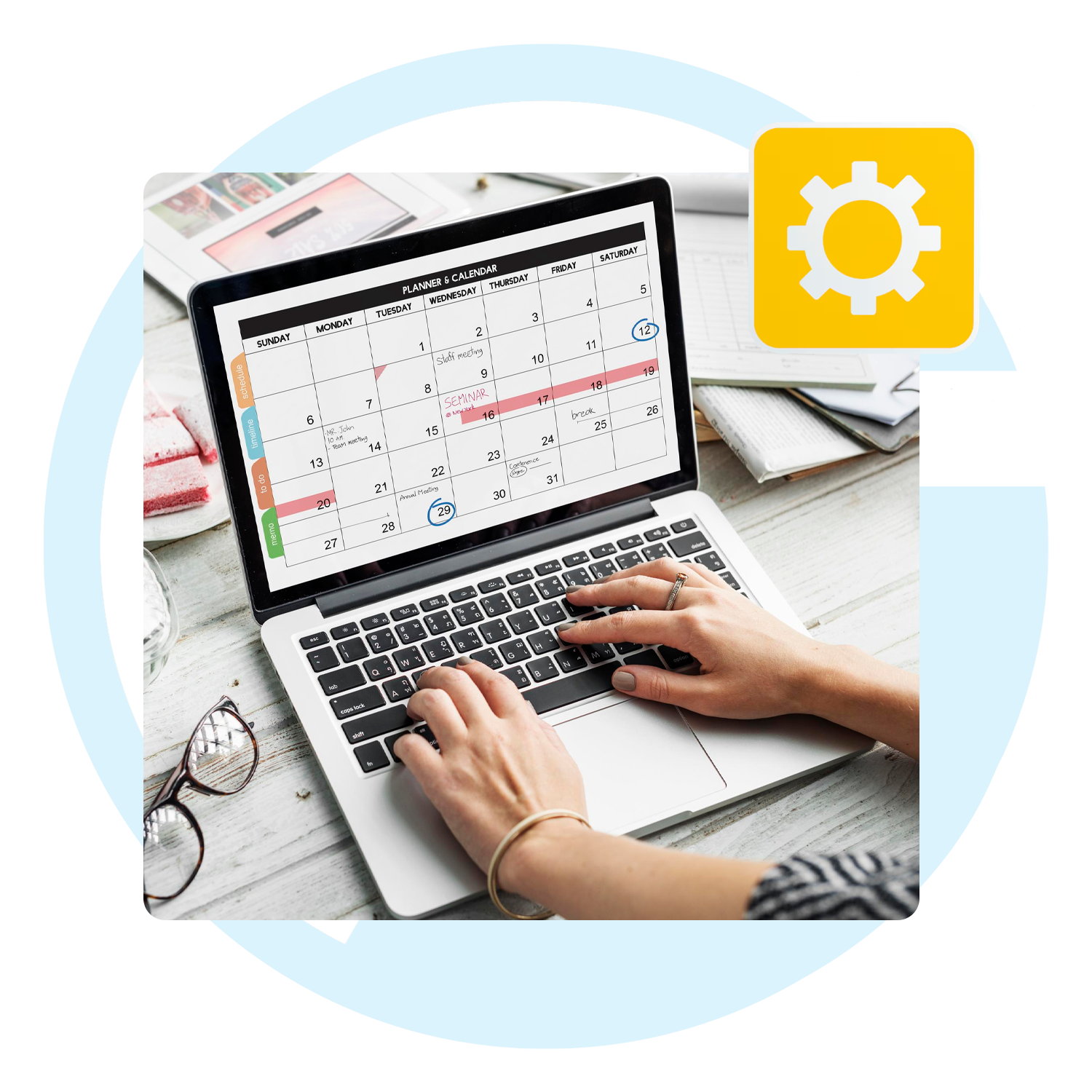 Person using a laptop to manage their schedule, planner, calendar, time management, productivity, organization, work-life balance