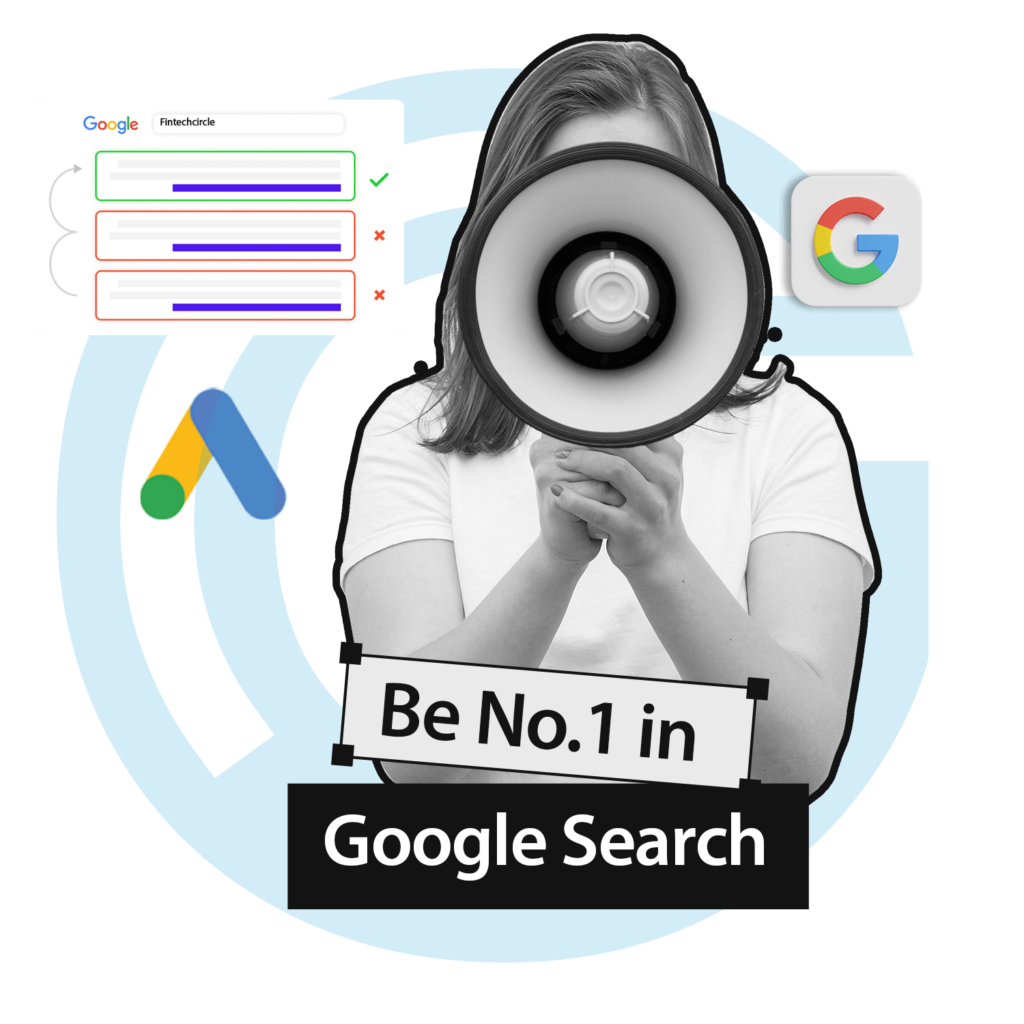 Person with a megaphone emphasizing "Be No. 1 in Google Search," surrounded by Google and search-related visuals. A mock search result highlights ranking strategies with green check marks and red crosses. Background features Google's signature colors and branding.