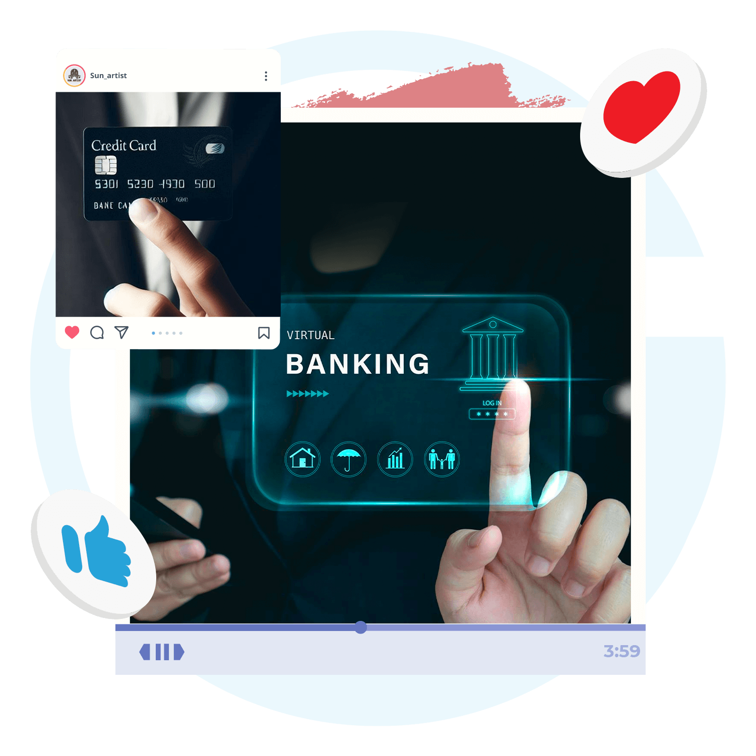 A futuristic visual of virtual banking featuring a hand interacting with digital icons on a screen, alongside a credit card image and social media engagement icons like a heart and thumbs up.