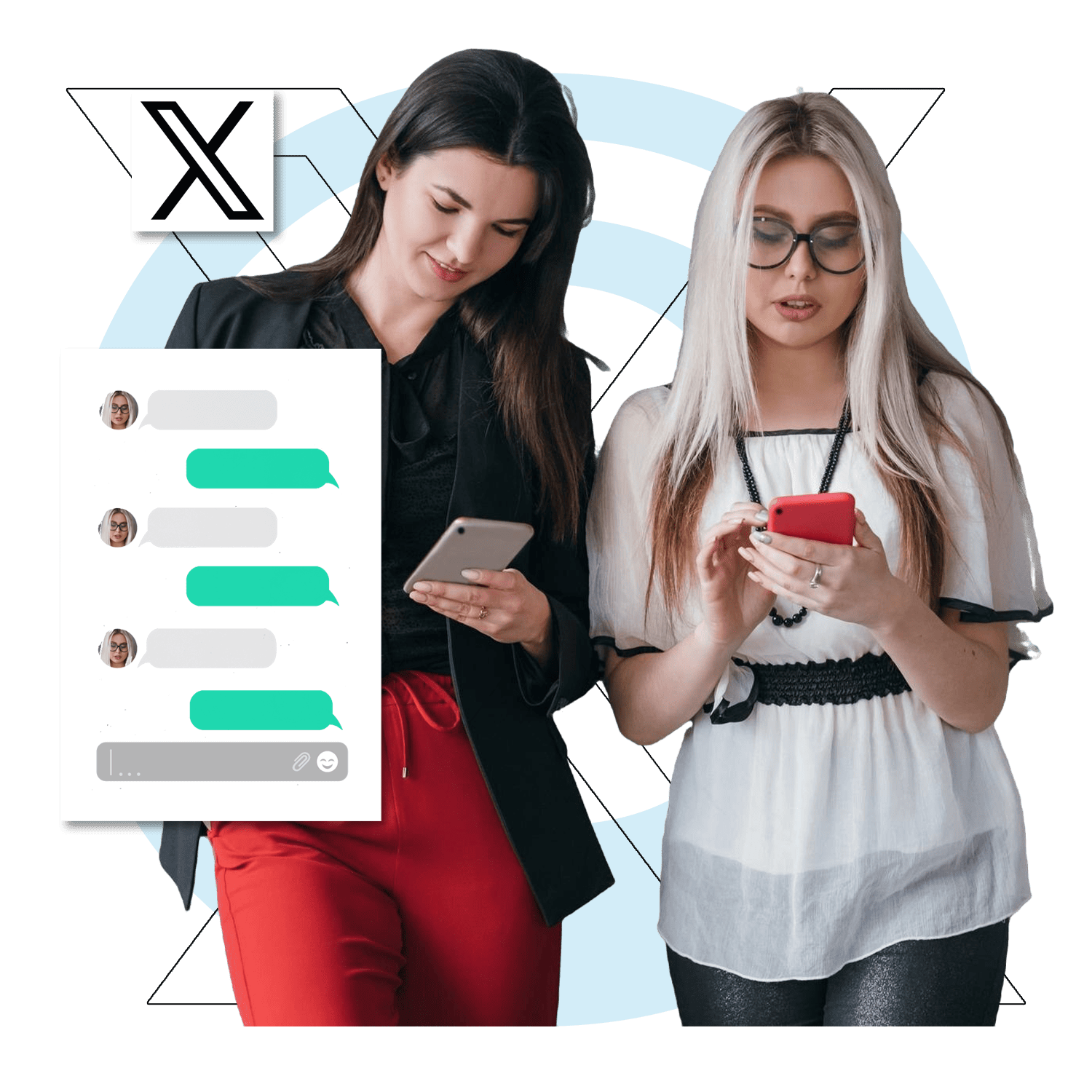 Two women using smartphones with a chat interface and social media icon in the background, symbolizing digital communication