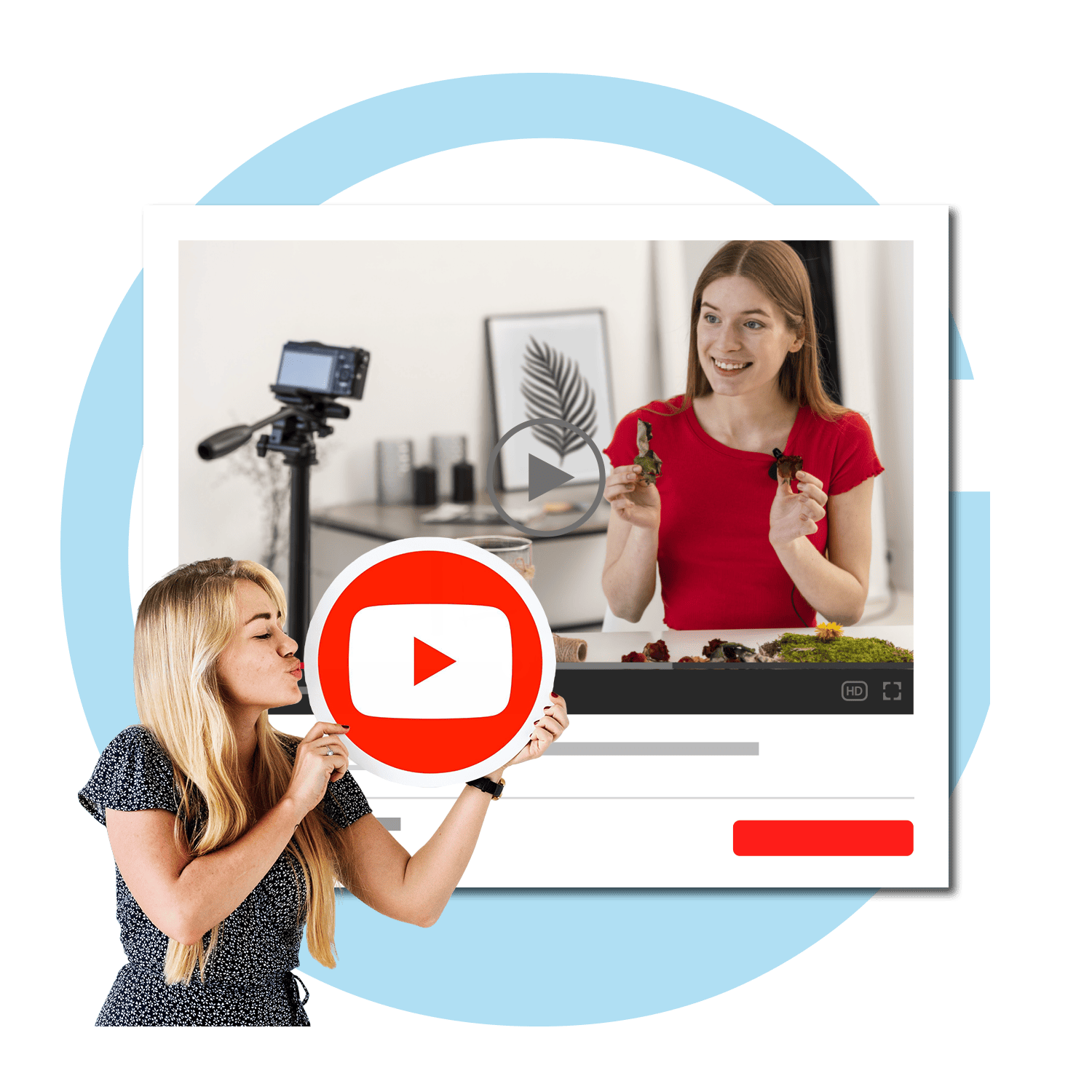Content creator holding a YouTube play button icon with a video tutorial playing in the background