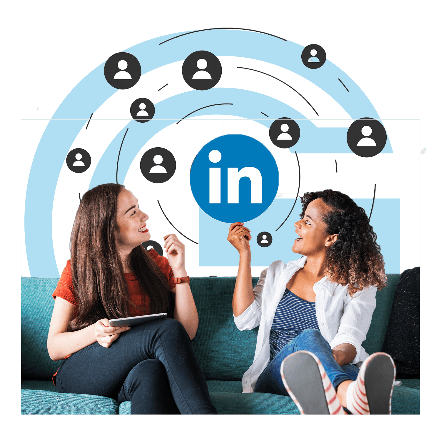 Two women engaging in conversation with LinkedIn icons in the background, symbolizing networking and connection