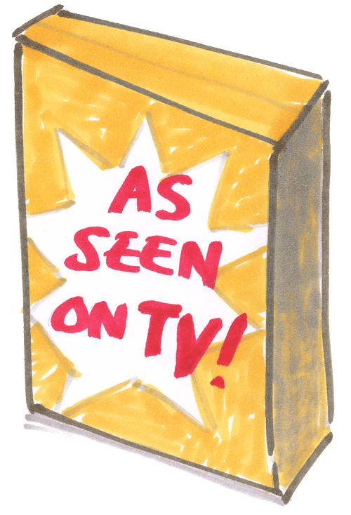 Illustration of a yellow product box with a starburst design and the text 'AS SEEN ON TV!' in bold red letters.