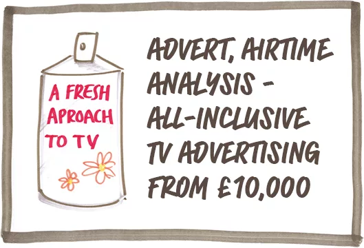 Illustration of a TV remote with text 'A fresh approach to TV' and promotional text 'Advert, airtime analysis - all-inclusive TV advertising from £10,000.