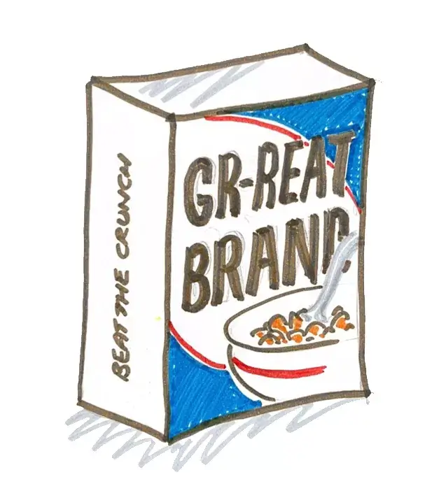 Illustration of a cereal box labeled 'GR-REAT BRAND' with a bowl of cereal and text 'Beat the Crunch' on the side.