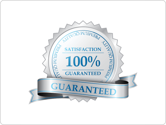 A circular silver badge with blue text stating 'Satisfaction 100% Guaranteed' and 'Premium Quality.' A blue ribbon with the word 'GUARANTEED' is wrapped around the badge.