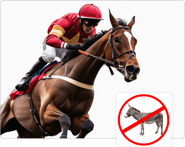 A jockey riding a racehorse in full motion, with a smaller image of a donkey crossed out, symbolizing focus on speed and performance.