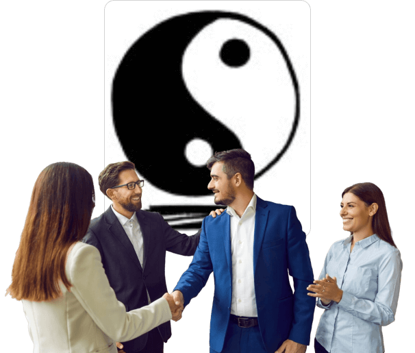 A group of professionals shaking hands and engaging in conversation, standing in front of a large Yin-Yang symbol, representing balance and harmony.