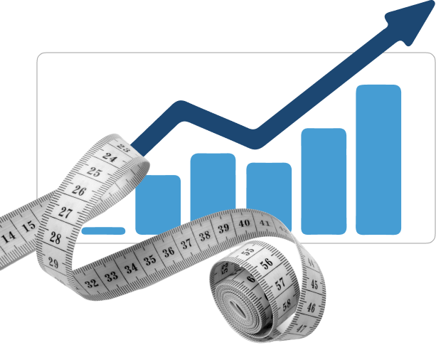 A rolled-up measuring tape placed in front of a graph with blue bars and an upward-pointing arrow, symbolizing growth and metrics.