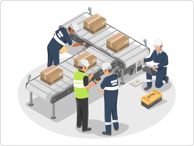 Illustration of workers in safety gear managing a conveyor belt system, sorting and scanning packages for quality control and processing.