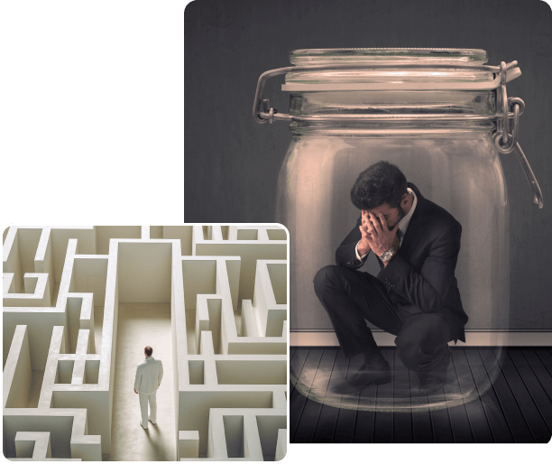 A man in a suit sits dejectedly inside a sealed glass jar, symbolizing entrapment. In the corner, an inset image shows another man navigating a complex maze, symbolizing challenges and confusion.