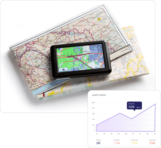 Map with a GPS device displaying a digital route overlay, resting on a folded paper map. In the corner, a line graph titled 'Graphic Update' shows monthly data trends with a highlight at 'November 500k.