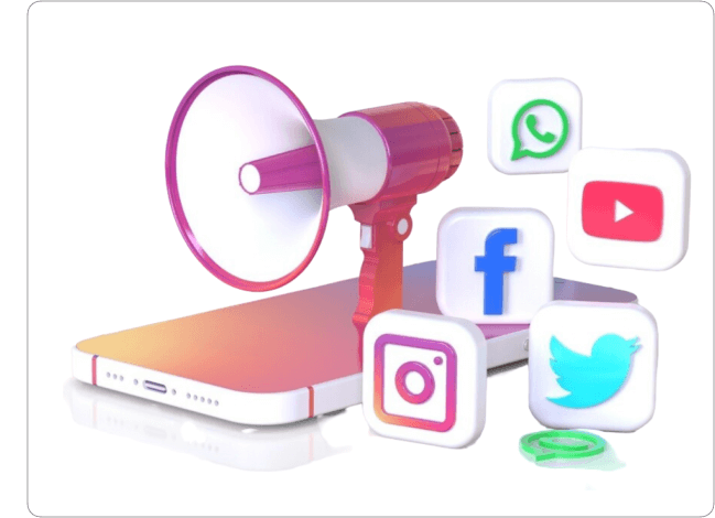A megaphone placed on a smartphone surrounded by social media icons like Facebook, Instagram, Twitter, WhatsApp, and YouTube, symbolizing digital marketing and social media outreach.