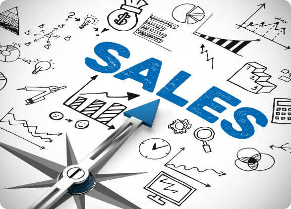 Compass pointing to the word 'SALES' surrounded by various business icons and charts symbolizing strategies and growth.