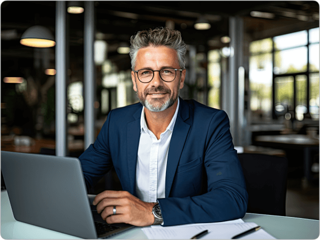 A professional man with glasses and gray hair wearing a navy suit, sitting at a desk with a laptop and documents in a modern office setting.