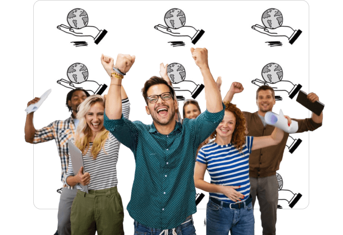 A group of cheerful and diverse individuals celebrating with raised hands against a backdrop of globe-in-hand icons, symbolizing global teamwork and environmental stewardship.