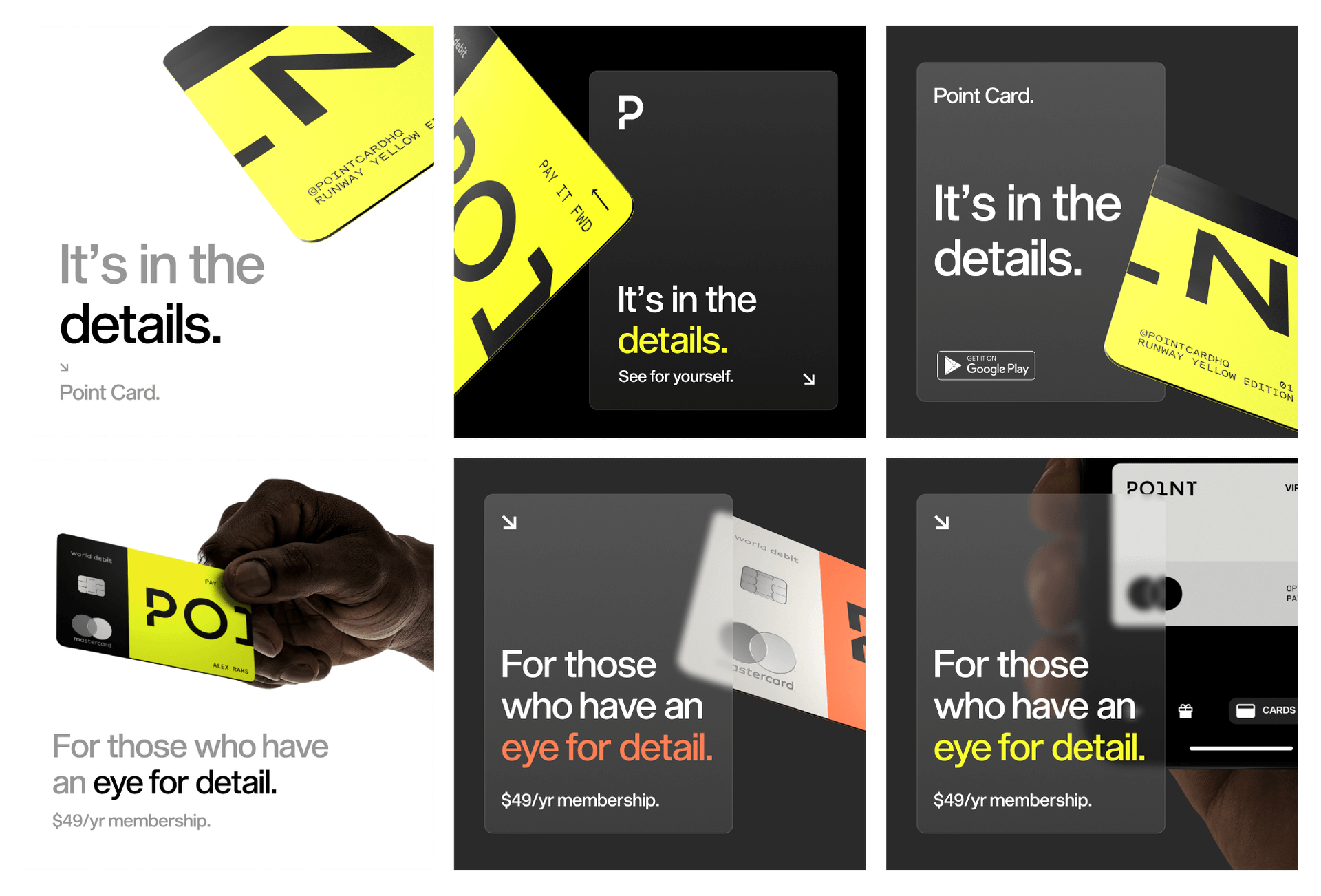 Six variations of Point Card advertisements featuring the tagline 'It’s in the details' and 'For those who have an eye for detail.' Ads display sleek card designs, emphasizing membership benefits at $49/year.