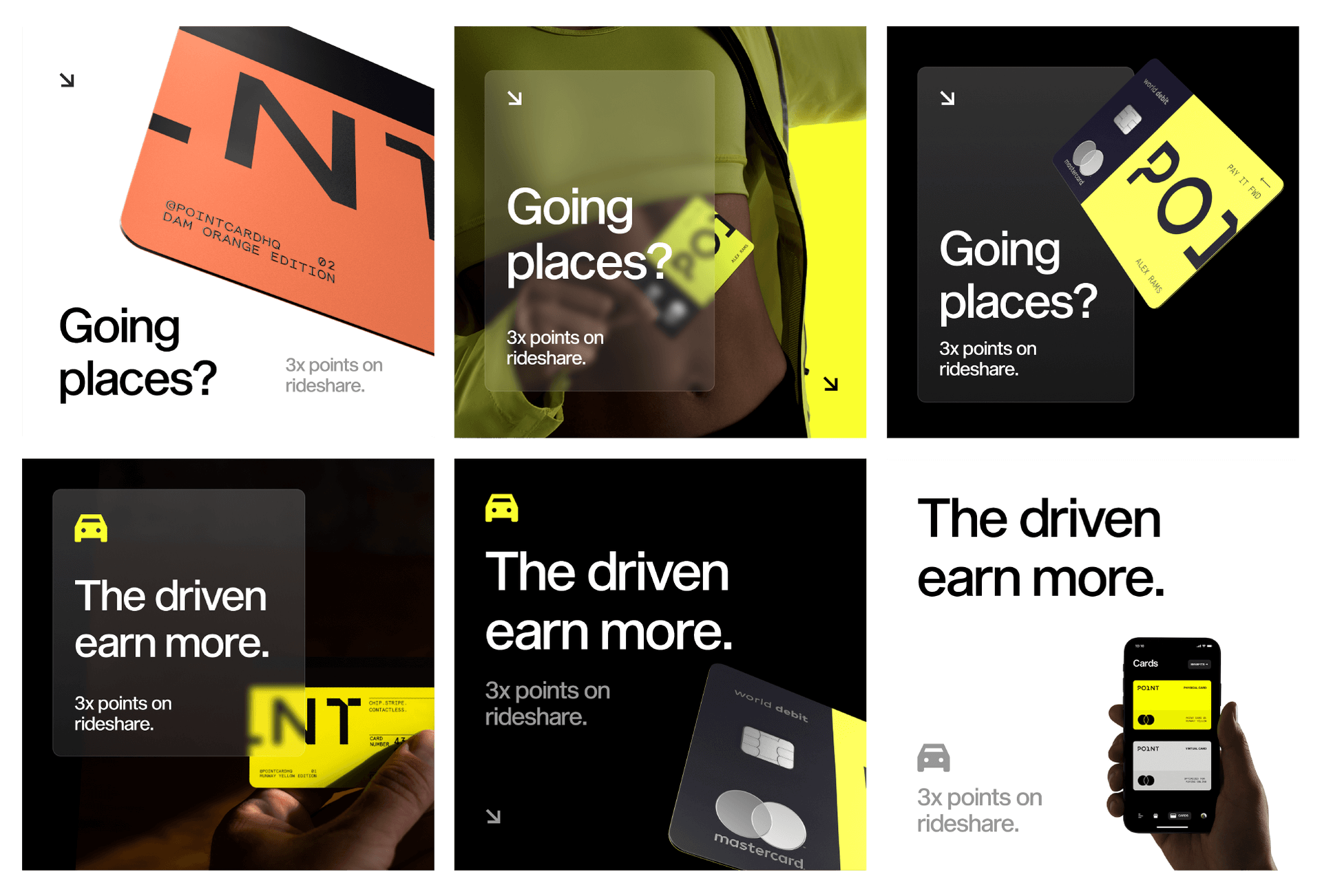 Promotional campaign for Point Card featuring bold text, vibrant card designs, and slogans like 'Going places?' and 'The driven earn more' emphasizing rideshare rewards
