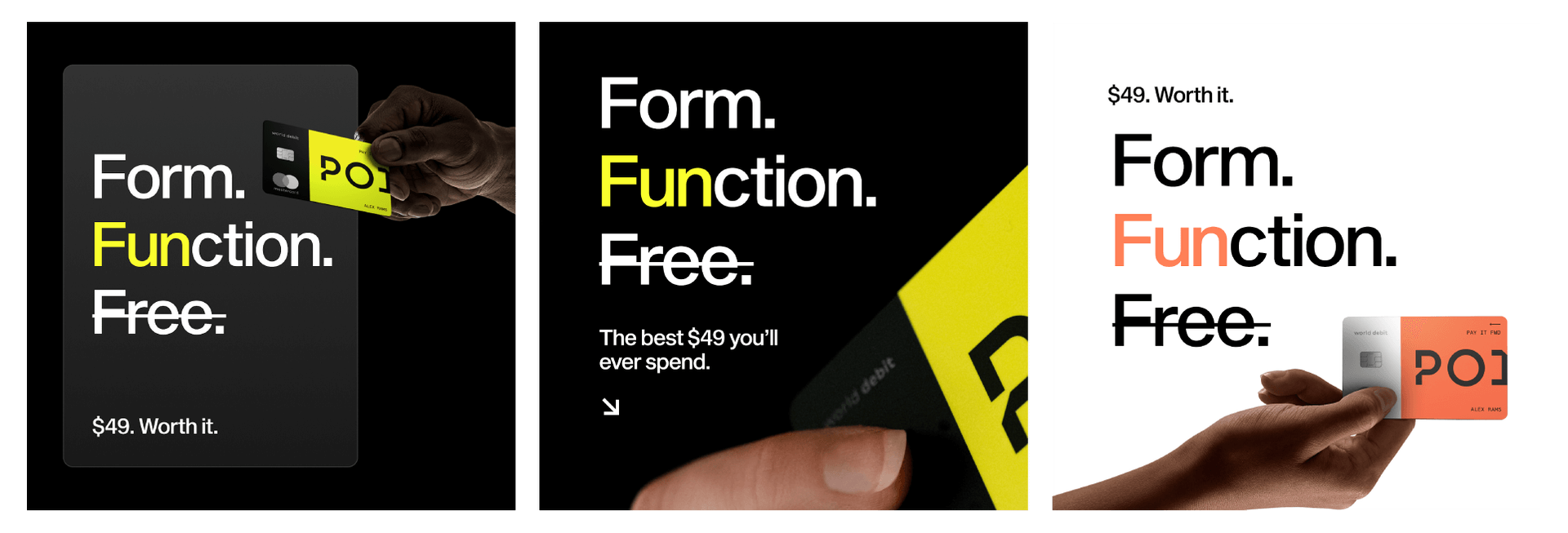 Point Card advertisement emphasizing its design and functionality with the tagline 'Form. Function. Free.' highlighting the value at $49/year with vibrant card visuals