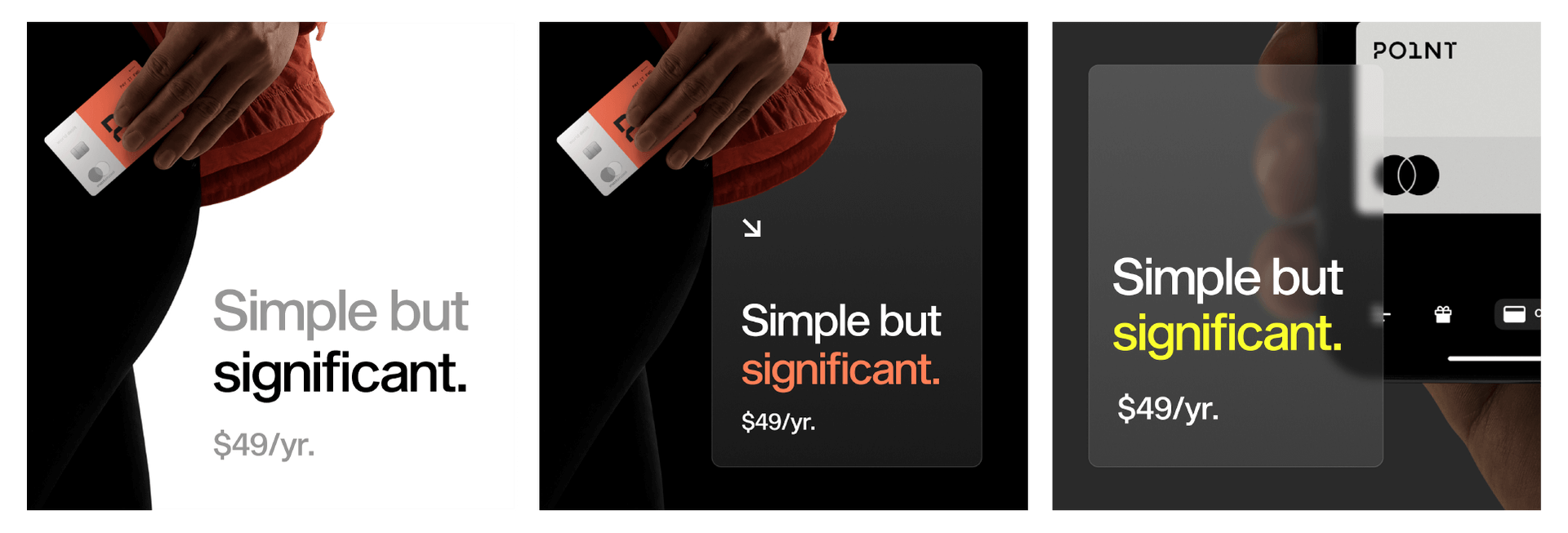 Point Card promotional visuals featuring the tagline 'Simple but significant.' emphasizing the value of the card with a $49/year subscription, alongside minimalistic and sleek card designs