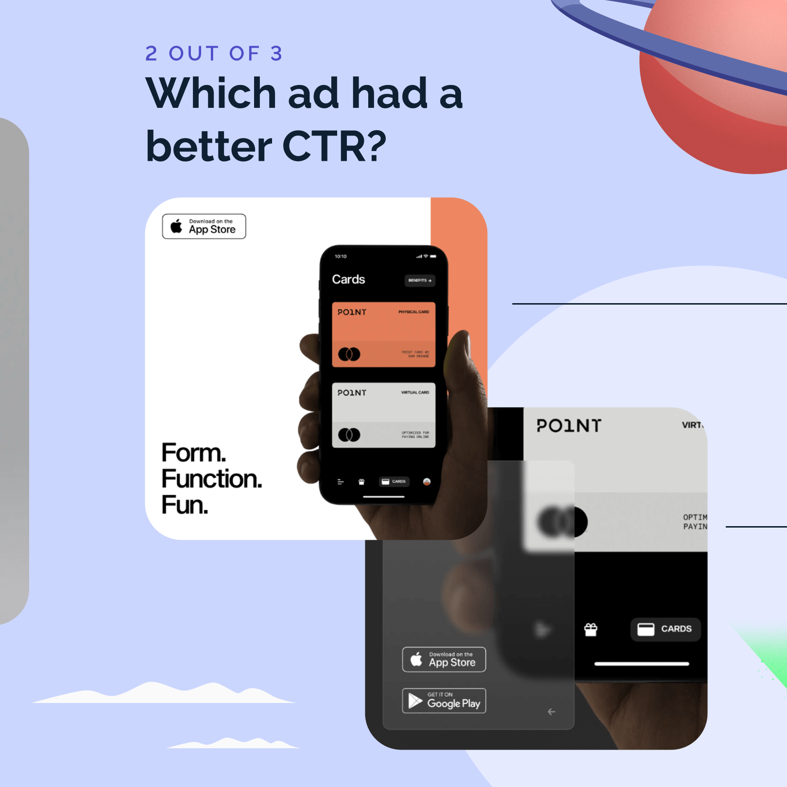 Split comparison asking 'Which ad had a better CTR?' featuring two mobile app display ads for Point Card, with sleek card interface visuals and App Store/Google Play badges.