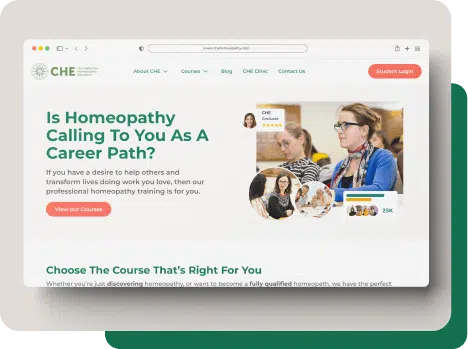 Website homepage for a homeopathy course with a headline, student testimonials, and a call-to-action button